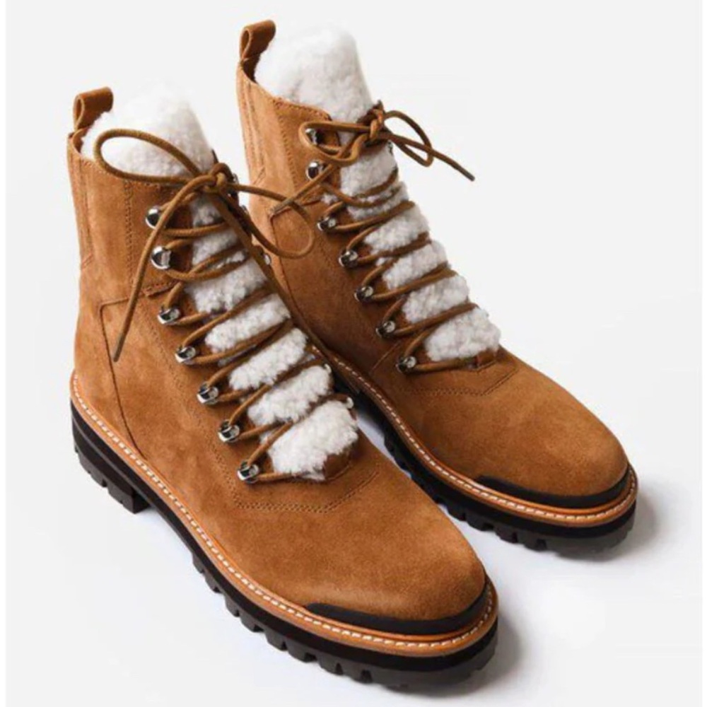MARC FISCHER Izzie Genuine Shearling Lugsole Boots Brown Suede NEW